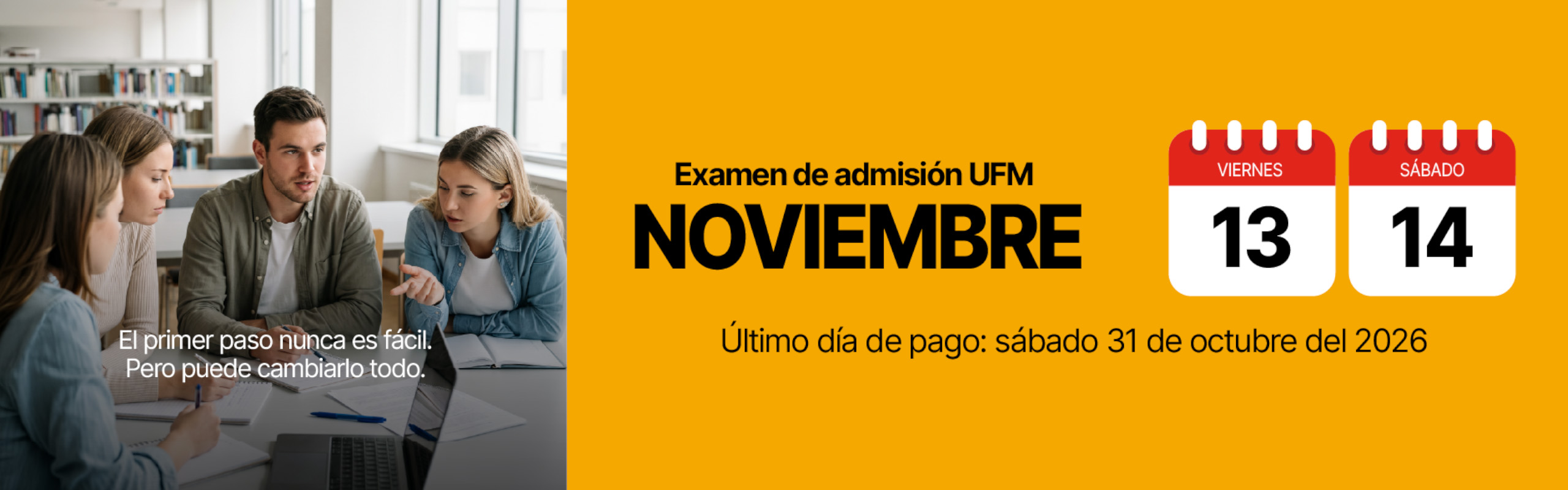 Arte gráfico con las fechas de exámenes de admisión de diciembre 2026 para la Facultad de Ciencias Económicas de la UFM.